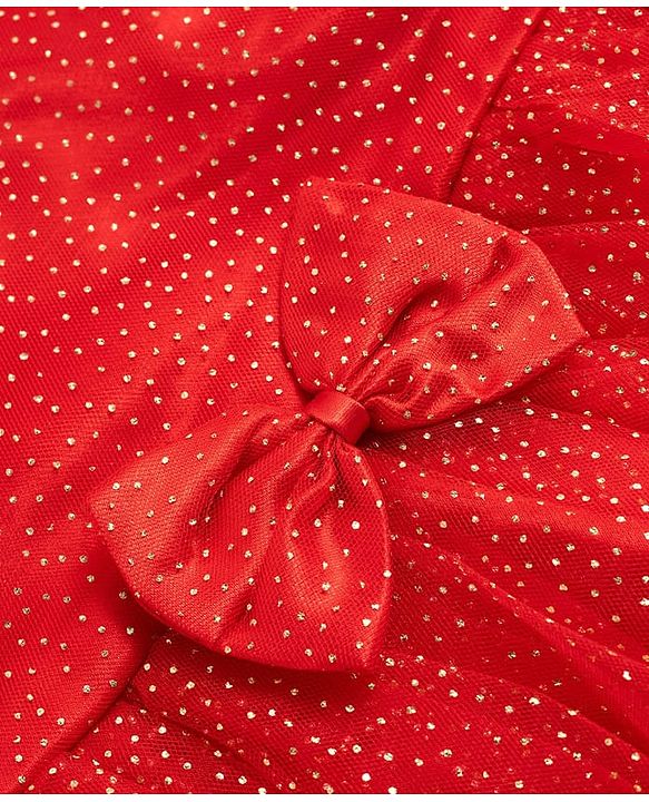 Babyhug Mesh Woven Half Puffed Sleeves Glitter Party Dress With Rhinestones Detailing & Bow Applique - Red