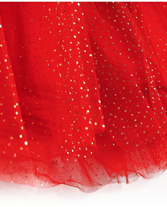 Babyhug Mesh Woven Half Puffed Sleeves Glitter Party Dress With Rhinestones Detailing & Bow Applique - Red