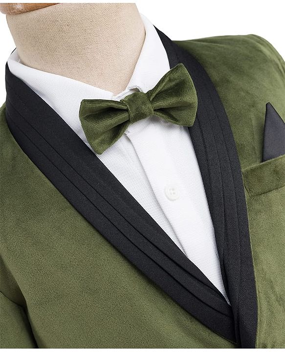 Babyhug Velour Woven Full Sleeves 3 Piece Party Suit With Bow - Olive Green