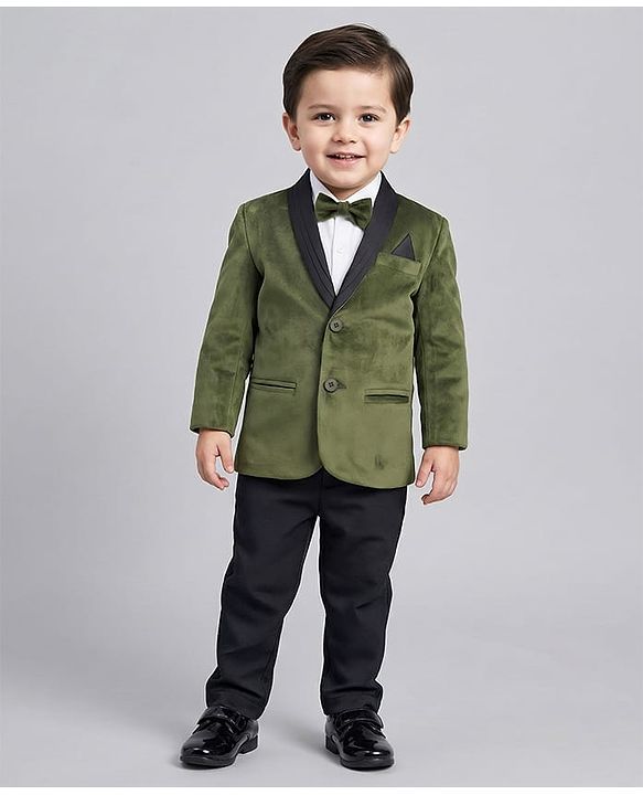 Babyhug Velour Woven Full Sleeves 3 Piece Party Suit With Bow - Olive Green