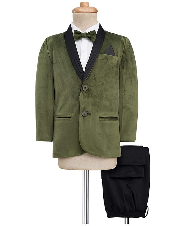 Babyhug Velour Woven Full Sleeves 3 Piece Party Suit With Bow - Olive Green