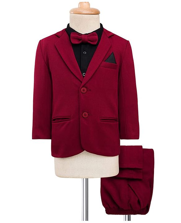 Babyhug Knit Full Sleeves 3 Piece Party Suit With Bow - Maroon