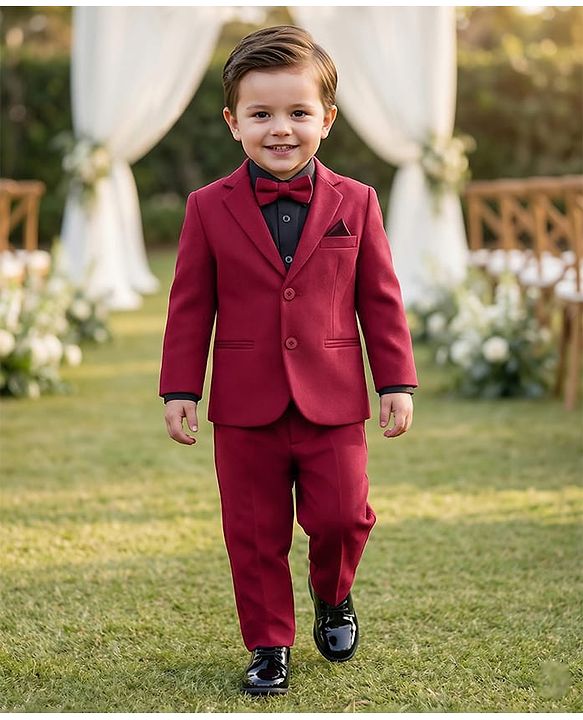 Babyhug Knit Full Sleeves 3 Piece Party Suit With Bow - Maroon