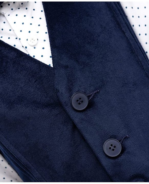 Babyhug Velour Woven Full Sleeves Polka Dot Printed 3 Piece Party Suits with Bow - Navy Blue