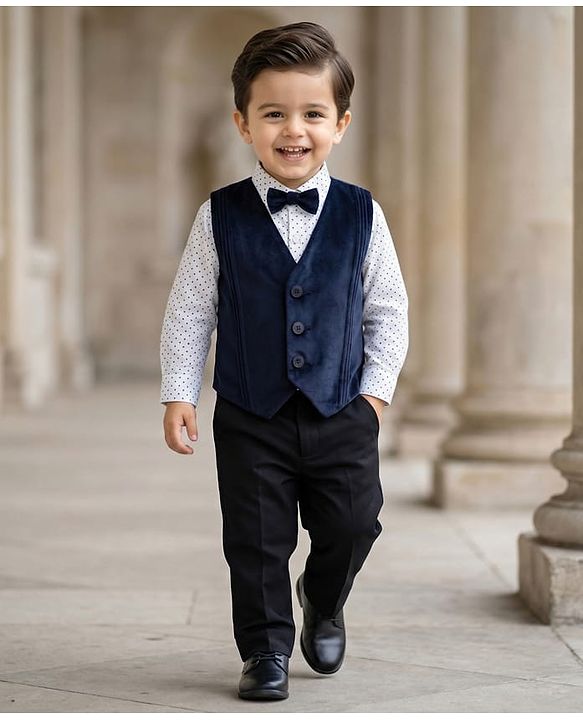 Babyhug Velour Woven Full Sleeves Polka Dot Printed 3 Piece Party Suits with Bow - Navy Blue
