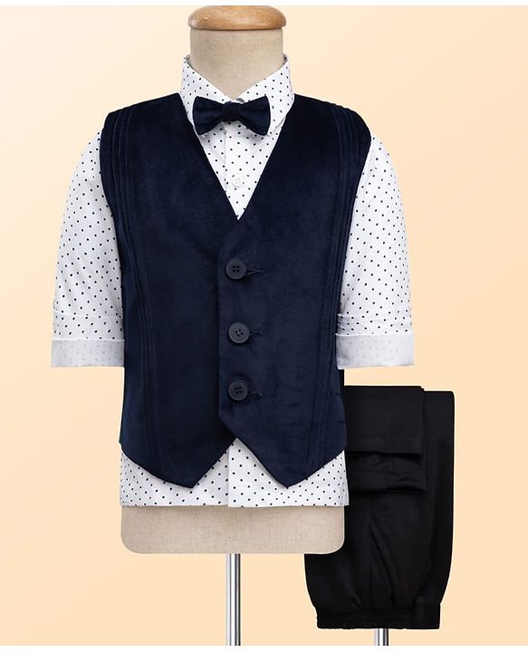 Babyhug Velour Woven Full Sleeves Polka Dot Printed 3 Piece Party Suits with Bow - Navy Blue