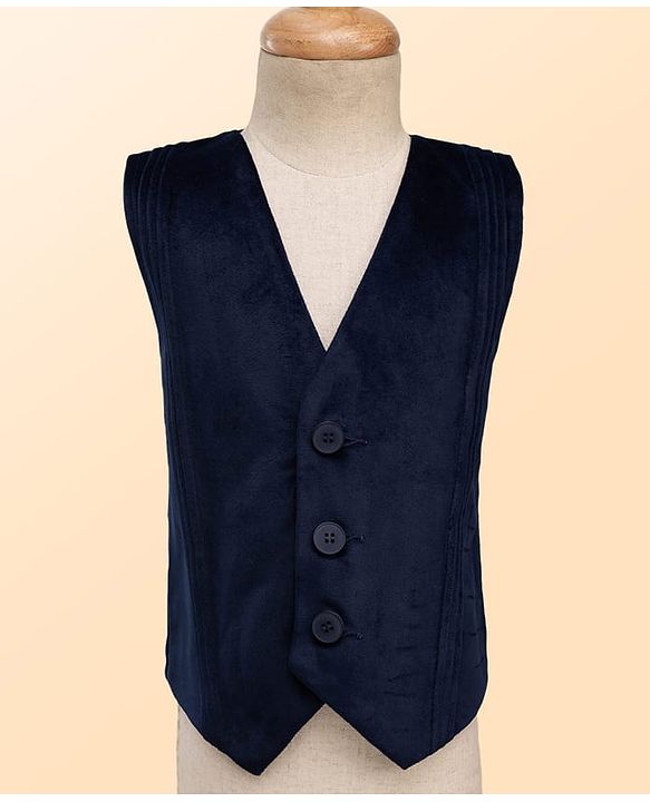 Babyhug Velour Woven Full Sleeves Polka Dot Printed 3 Piece Party Suits with Bow - Navy Blue