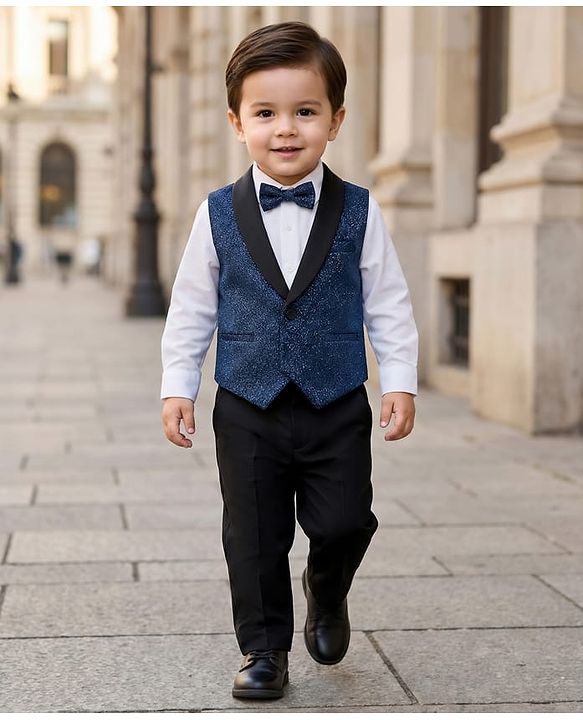 Babyhug Knit Full Sleeves Solid Color 3 Piece Party Suit with Bow - Blue