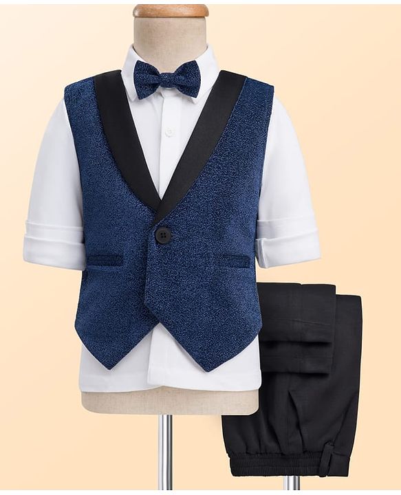 Babyhug Knit Full Sleeves Solid Color 3 Piece Party Suit with Bow - Blue