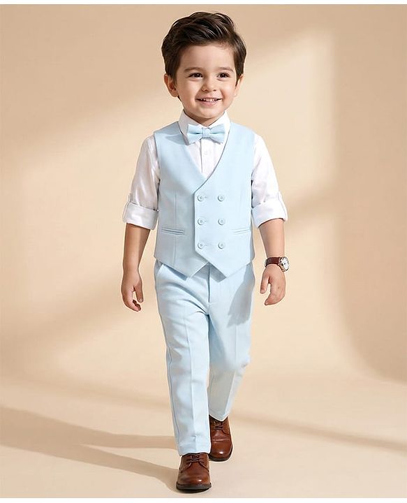 Babyhug Woven Full Sleeves Solid Color 3 Piece Party Suits with Bow - Aqua Blue