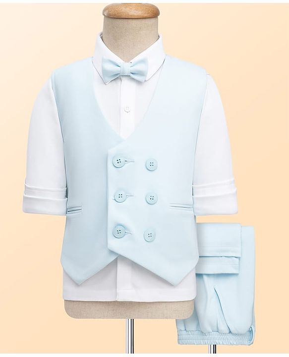 Babyhug Woven Full Sleeves Solid Color 3 Piece Party Suits with Bow - Aqua Blue