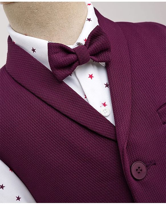 Babyhug Woven Full Sleeves 3 Piece Party Suit With Star Print & Bow - Wine