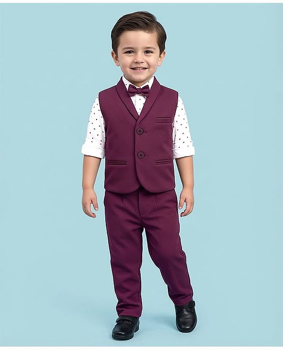 Babyhug Woven Full Sleeves 3 Piece Party Suit With Star Print & Bow - Wine