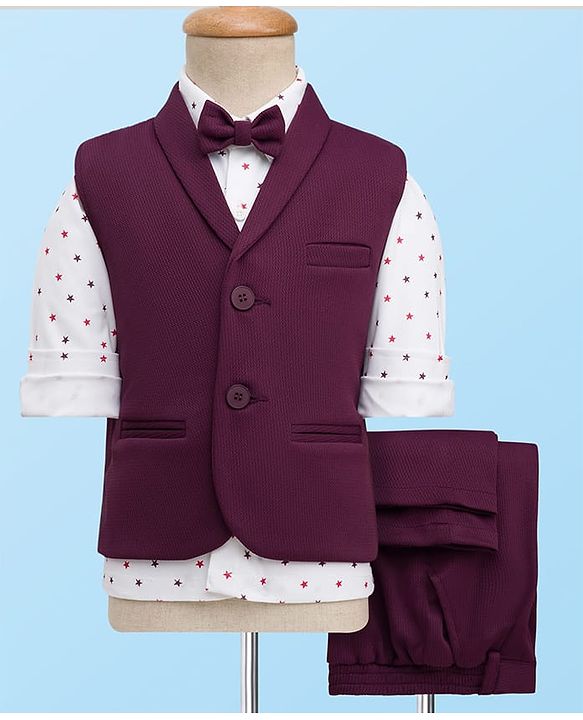 Babyhug Woven Full Sleeves 3 Piece Party Suit With Star Print & Bow - Wine