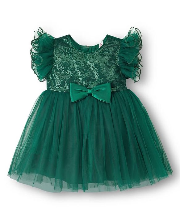 Babyhug Woven Frill Sleeves Mesh Party Dress With Sequin Detailing & Bow Applique - Green
