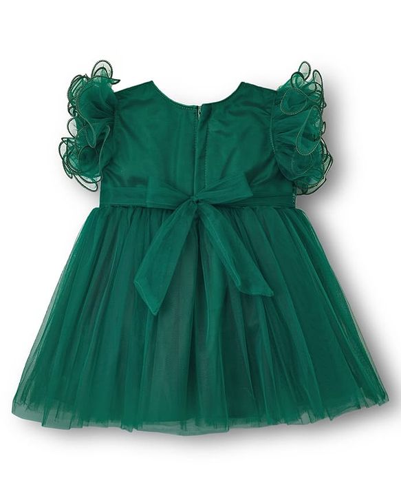 Babyhug Woven Frill Sleeves Mesh Party Dress With Sequin Detailing & Bow Applique - Green