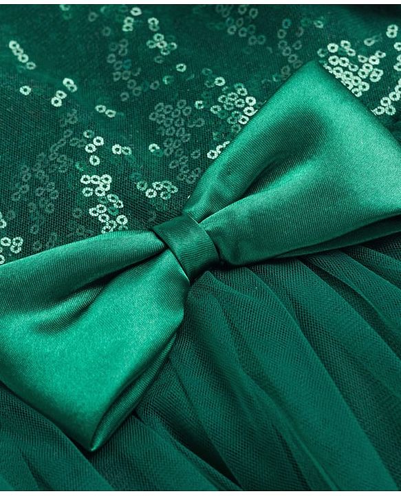 Babyhug Woven Frill Sleeves Mesh Party Dress With Sequin Detailing & Bow Applique - Green