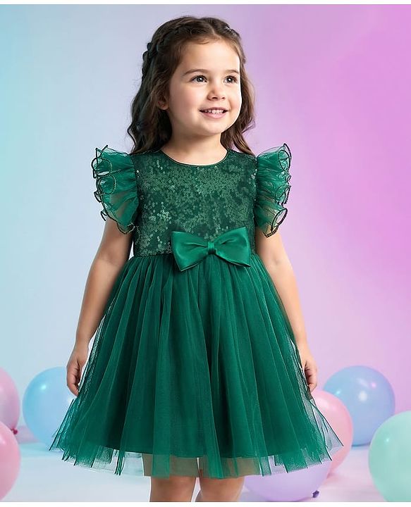 Babyhug Woven Frill Sleeves Mesh Party Dress With Sequin Detailing & Bow Applique - Green