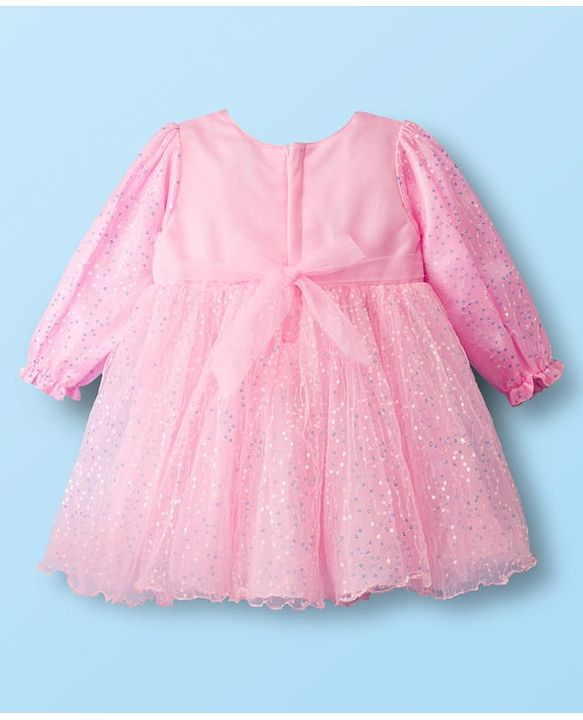 Babyhug Mesh Woven Full Sleeves Party Dress With Sequin Detailing & Bow Applique - Pink