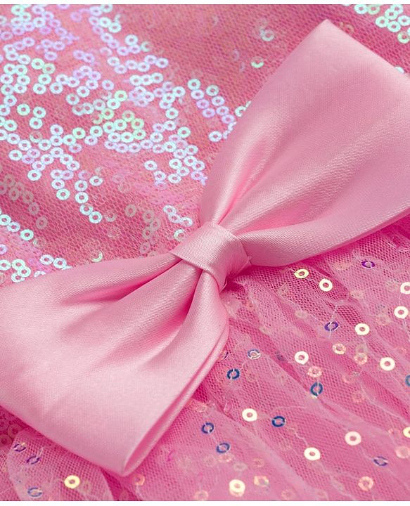 Babyhug Mesh Woven Full Sleeves Party Dress With Sequin Detailing & Bow Applique - Pink