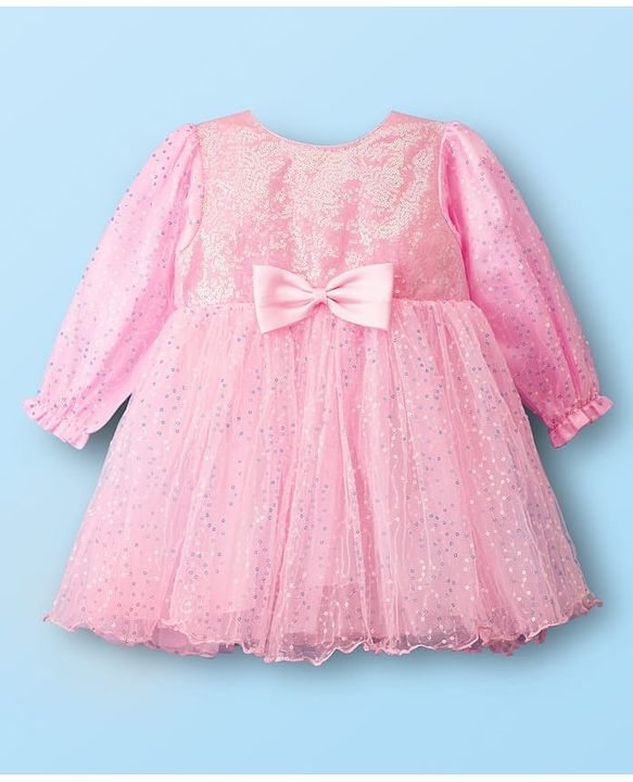 Babyhug Mesh Woven Full Sleeves Party Dress With Sequin Detailing & Bow Applique - Pink