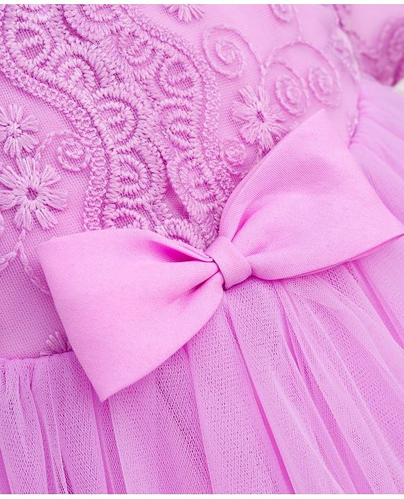 Babyhug Woven Half Puff Sleeves Party Frock With Bow Applique & Embroidery Detailing in Yoke - Lilac