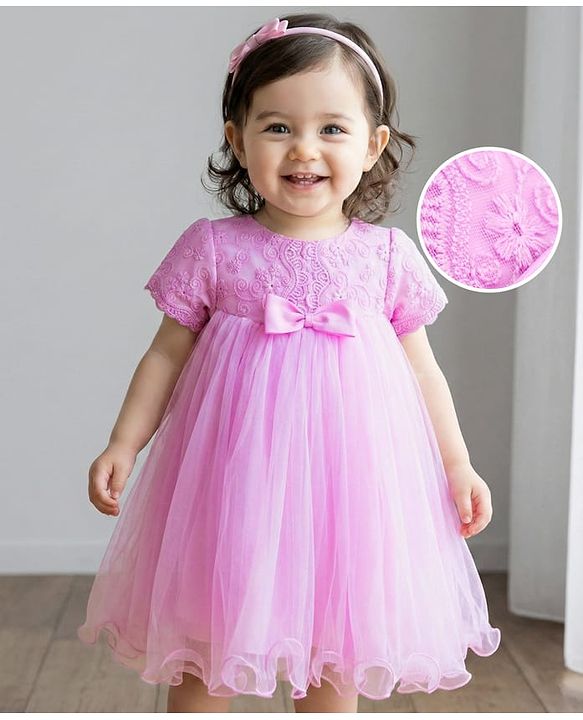 Babyhug Woven Half Puff Sleeves Party Frock With Bow Applique & Embroidery Detailing in Yoke - Lilac
