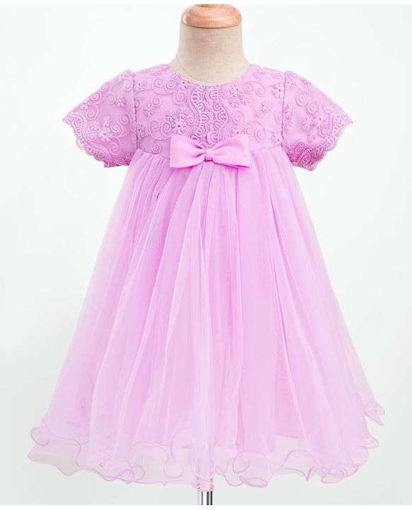 Babyhug Woven Half Puff Sleeves Party Frock With Bow Applique & Embroidery Detailing in Yoke - Lilac