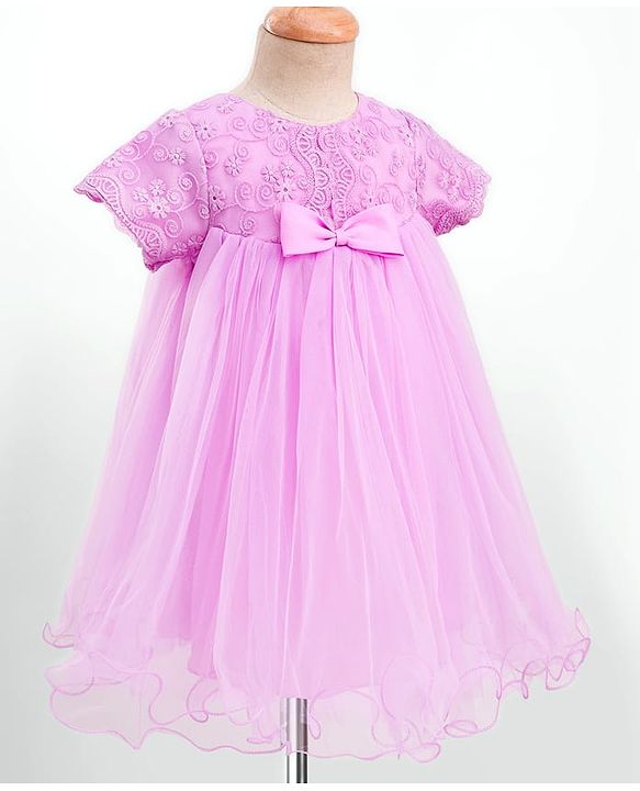 Babyhug Woven Half Puff Sleeves Party Frock With Bow Applique & Embroidery Detailing in Yoke - Lilac