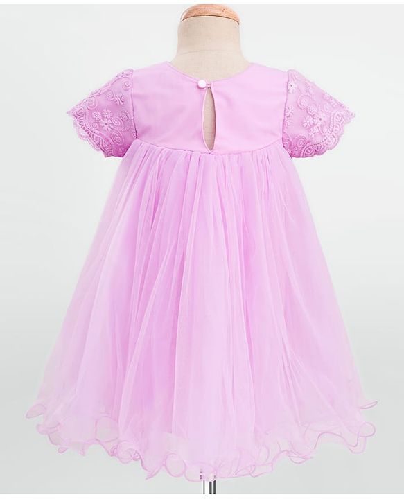 Babyhug Woven Half Puff Sleeves Party Frock With Bow Applique & Embroidery Detailing in Yoke - Lilac