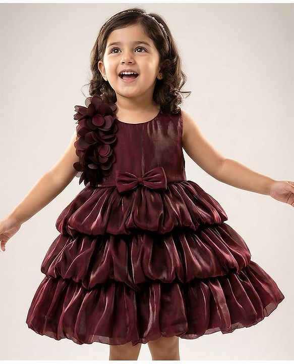 Babyhug Woven Sleeveless Frock With Floral & Bow Applique - Wine
