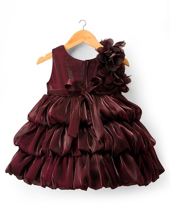 Babyhug Woven Sleeveless Frock With Floral & Bow Applique - Wine