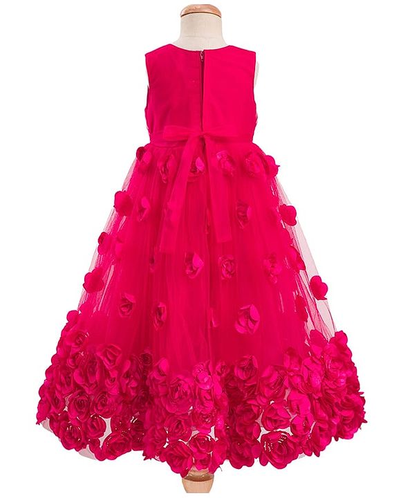 Babyhug 5 Layers Mesh Sleeveless Party Gown With 3D Flower Detailing & Bow Applique With Yoke Pleating - Red