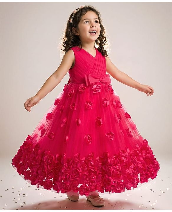 Babyhug 5 Layers Mesh Sleeveless Party Gown With 3D Flower Detailing & Bow Applique With Yoke Pleating - Red