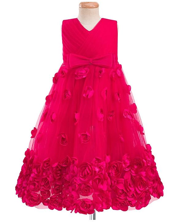Babyhug 5 Layers Mesh Sleeveless Party Gown With 3D Flower Detailing & Bow Applique With Yoke Pleating - Red
