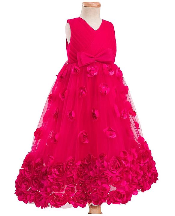 Babyhug 5 Layers Mesh Sleeveless Party Gown With 3D Flower Detailing & Bow Applique With Yoke Pleating - Red