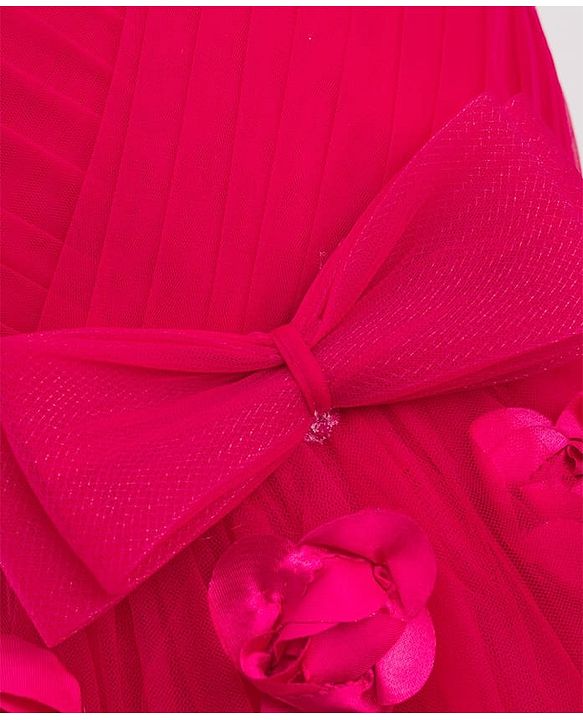 Babyhug 5 Layers Mesh Sleeveless Party Gown With 3D Flower Detailing & Bow Applique With Yoke Pleating - Red