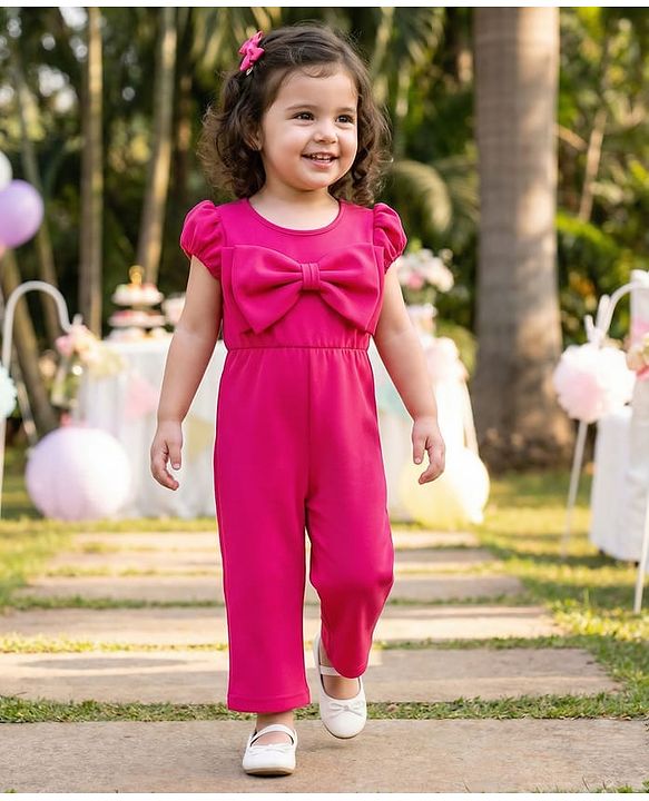 Babyhug Woven Half Sleeves Solid Colour Jumpsuit With Bow Applique - Fuschia