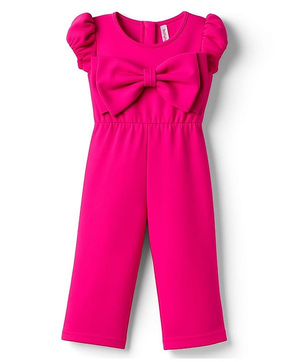 Babyhug Woven Half Sleeves Solid Colour Jumpsuit With Bow Applique - Fuschia