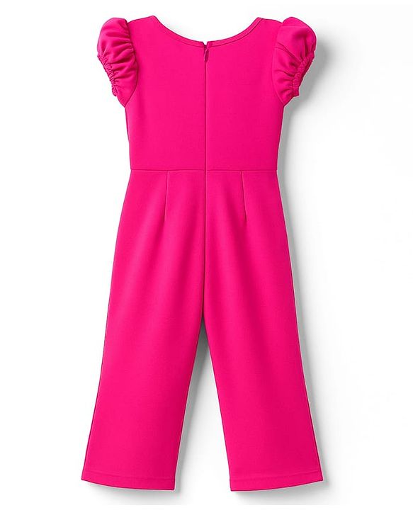 Babyhug Woven Half Sleeves Solid Colour Jumpsuit With Bow Applique - Fuschia