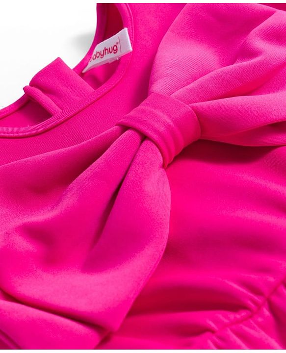 Babyhug Woven Half Sleeves Solid Colour Jumpsuit With Bow Applique - Fuschia