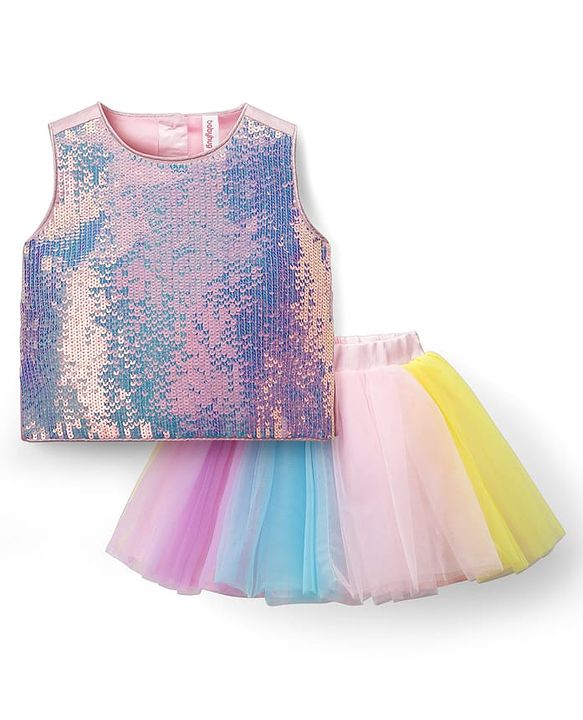 Babyhug Woven Sleeveless Mesh Top & Skirt Set With Sequin Detailing - Multicolour