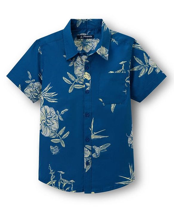 Pine Kids Viscose Woven Half Sleeves Shirt With Floral Print - Navy Blue