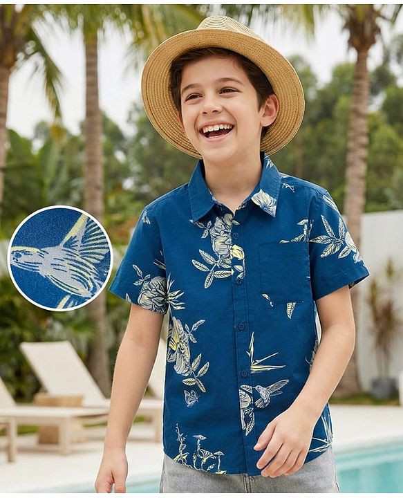 Pine Kids Viscose Woven Half Sleeves Shirt With Floral Print - Navy Blue