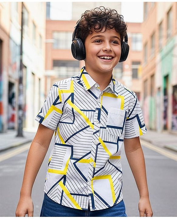 Pine Kids Viscose Woven Half Sleeves Shirt With Stripes - White