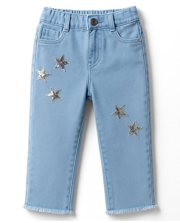 Babyhug Denim Washed Capri With Stretch & Star Applique - Light Blue