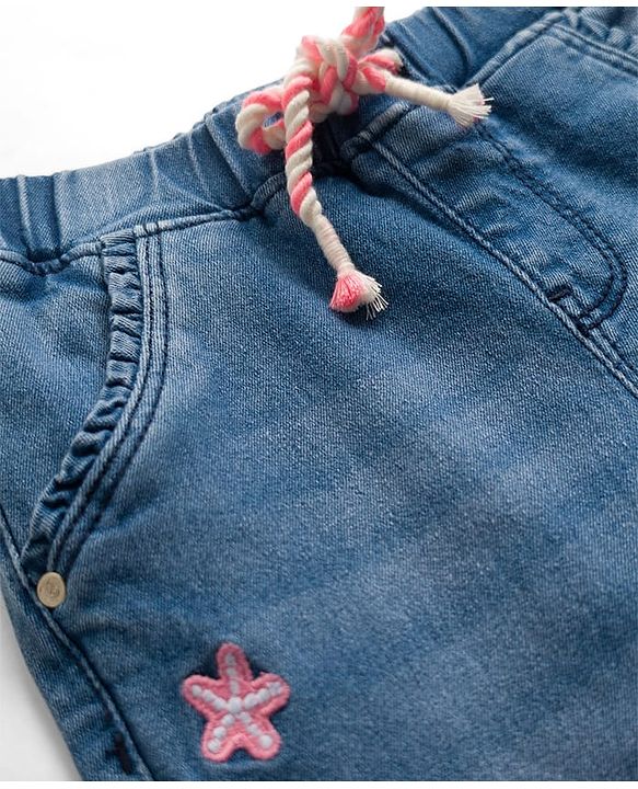 Babyhug Full Length Washed Denim Jeans With Stretch & Seahorse Embroidery - Light Blue