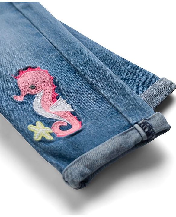 Babyhug Full Length Washed Denim Jeans With Stretch & Seahorse Embroidery - Light Blue