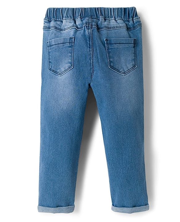 Babyhug Full Length Washed Denim Jeans With Stretch & Seahorse Embroidery - Light Blue
