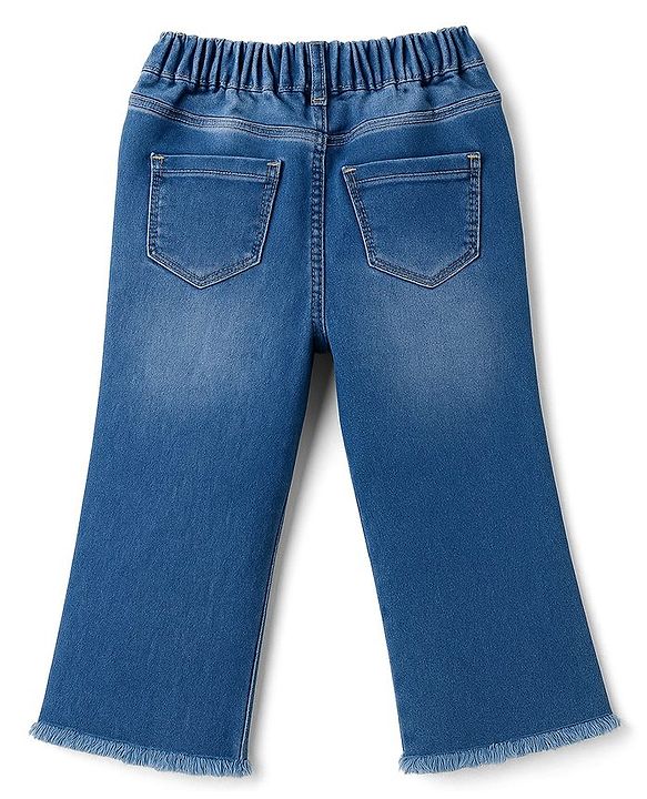 Babyhug Denim Full Length Flared Washed Jeans With Stretch & Butterfly Embroidery - Blue